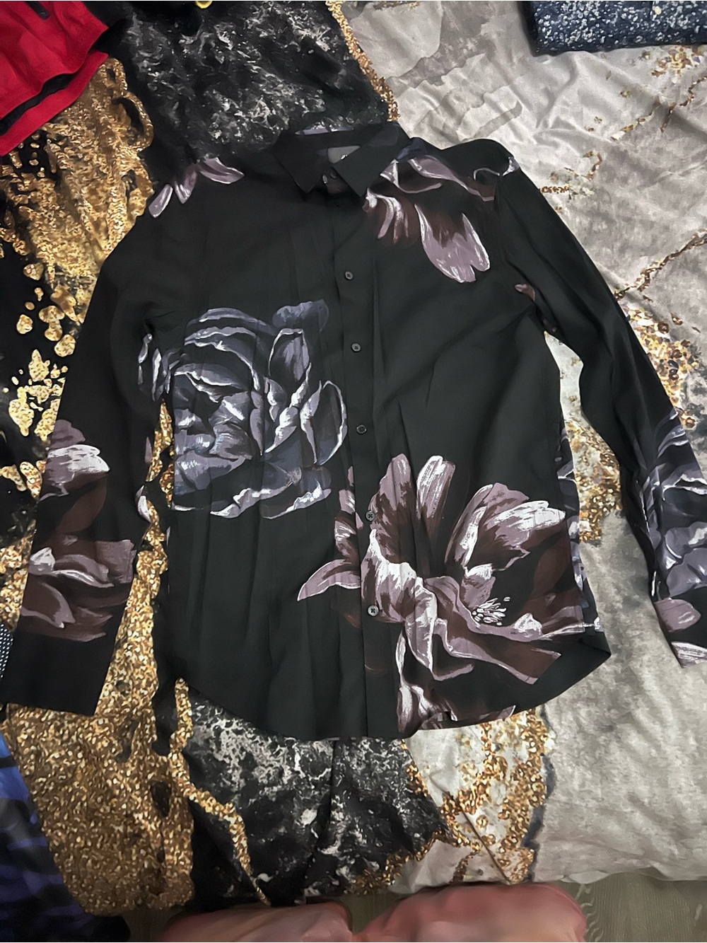 H&M Black Floral Button-Down Dress Shirt
